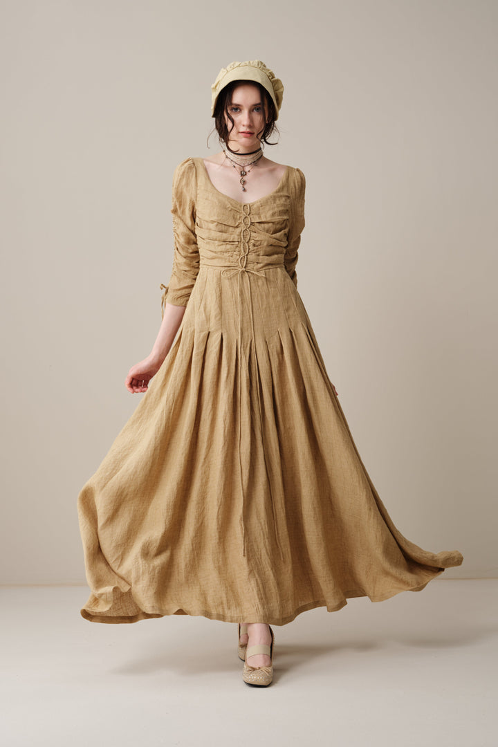 Emma 11 | Lace-Up Ruched Linen Maxi Dress
