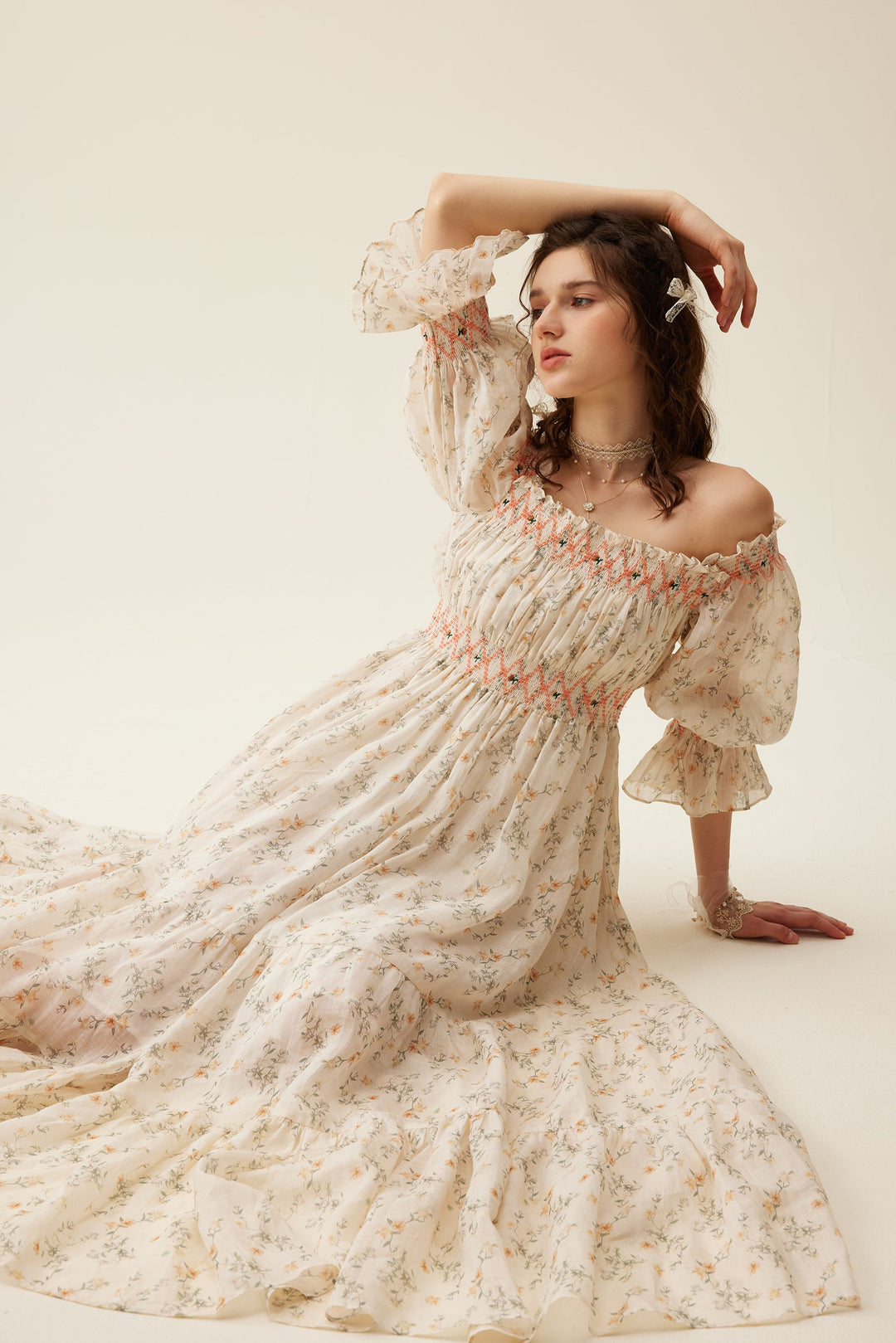 Cloud 21 | Smocking Embroidery Linen Dress Cream Floral / XL Cloud 21 | Smocking Embroidery Linen Dress Cream Floral / XL