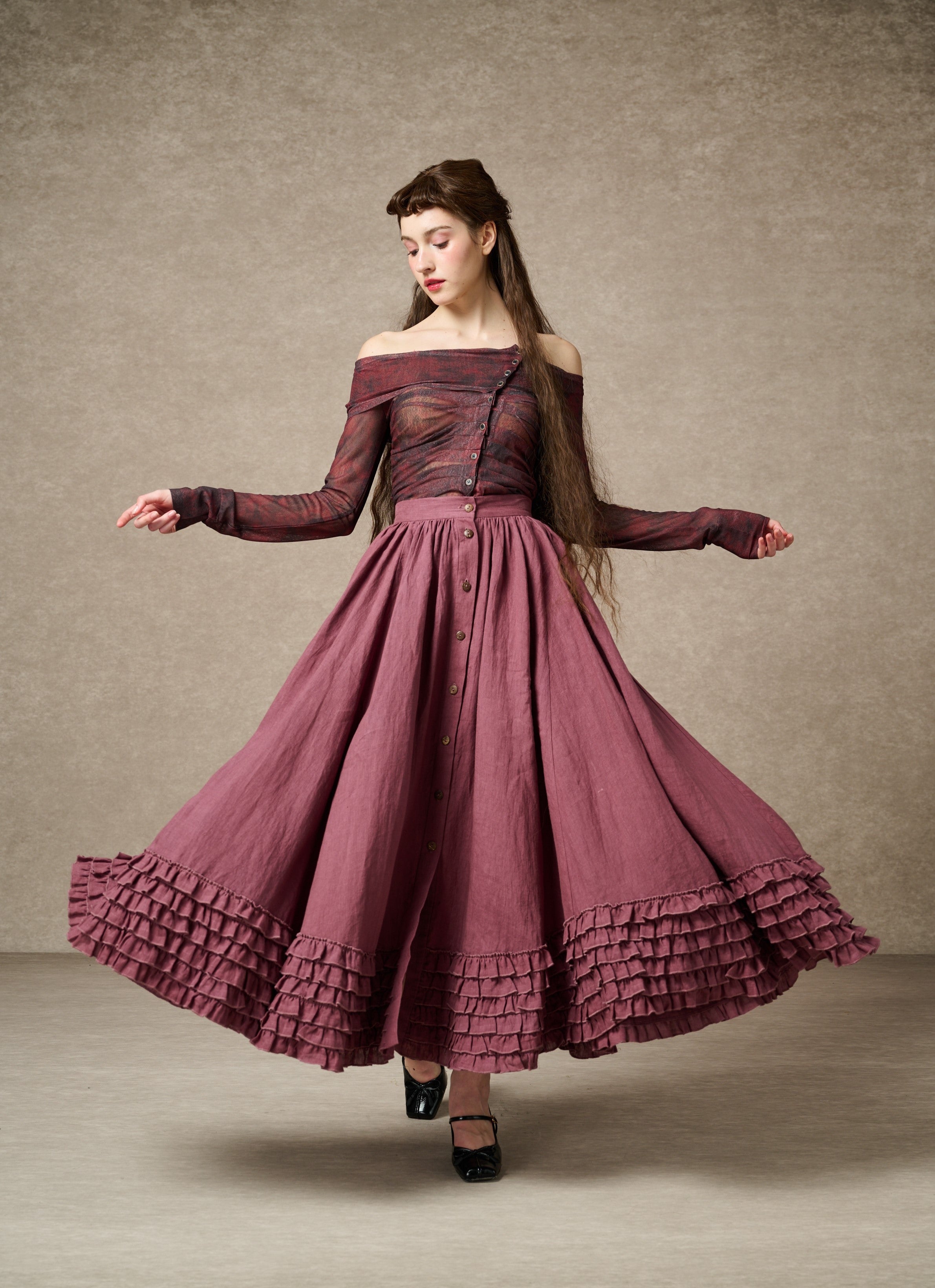 スカート holiday COTTON LINEN RUFFLE RUFFLE DRESS Dorothy 27 | Ruffled maxi linen skirt – Linennaive