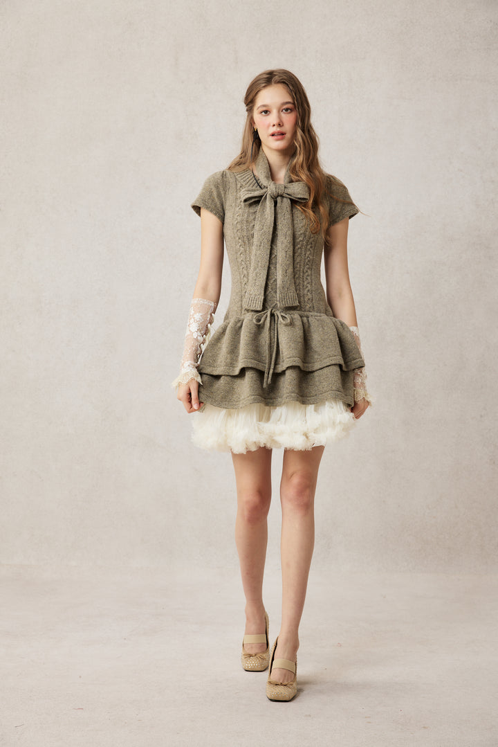 Lilypond 13 | 100% Wool Cable Knit Tiered Dress with scarf
