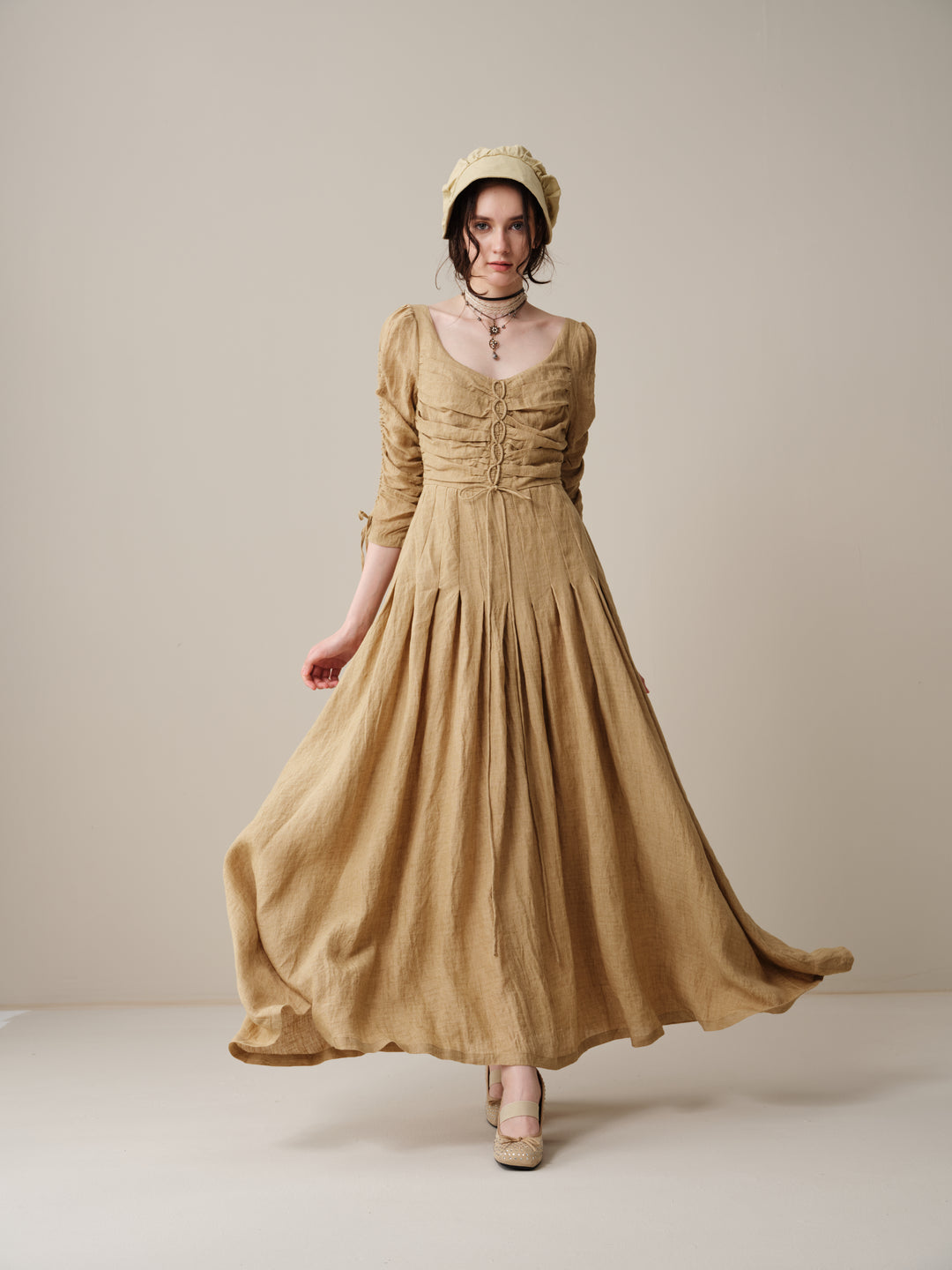 Emma 11 | Lace-Up Ruched Linen Maxi Dress