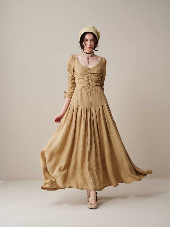 Emma 11 | Lace-Up Ruched Linen Maxi Dress