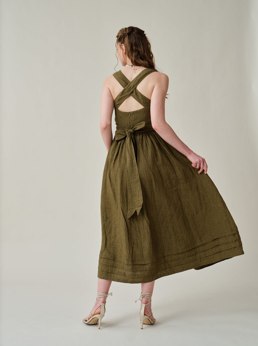 linen cross back dress Cross Back Linen Dress / Midi Dress/ Pure Linen Dress/ Linen Beige Dress/ Apron Linen Dress/ Summer Dress/ Flax Dress/ Gift for Her LAA34