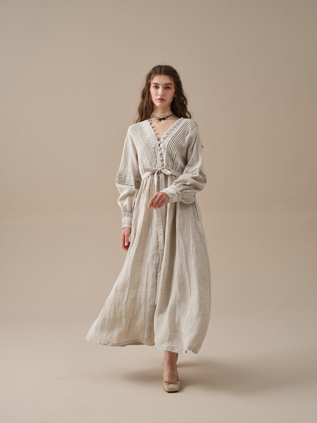 Octavia 17 | pintucked V-neck linen Dress Beige / XL Octavia 17 | pintucked V-neck linen Dress Beige / XL