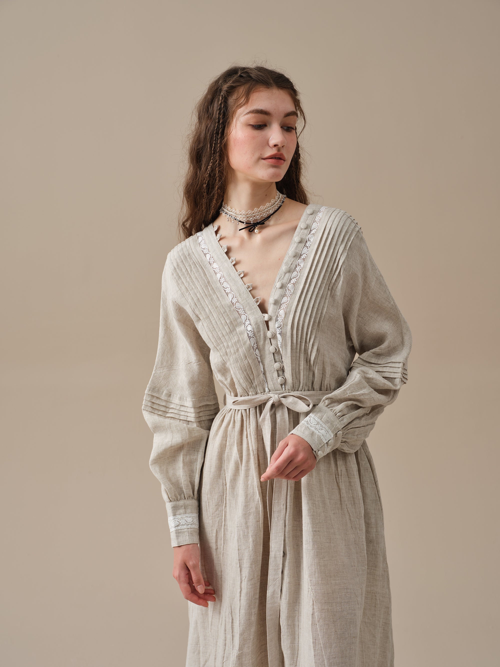 Octavia 17 | pintucked V-neck linen Dress – Linennaive