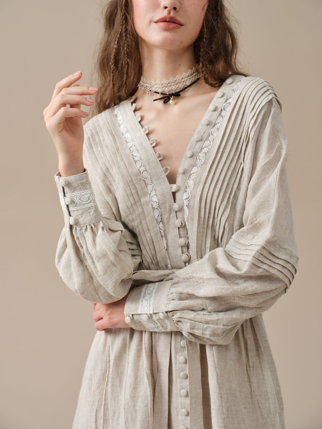Octavia 17 | pintucked V-neck linen Dress Linennaive Octavia 17 | pintucked V-neck linen Dress Linennaive