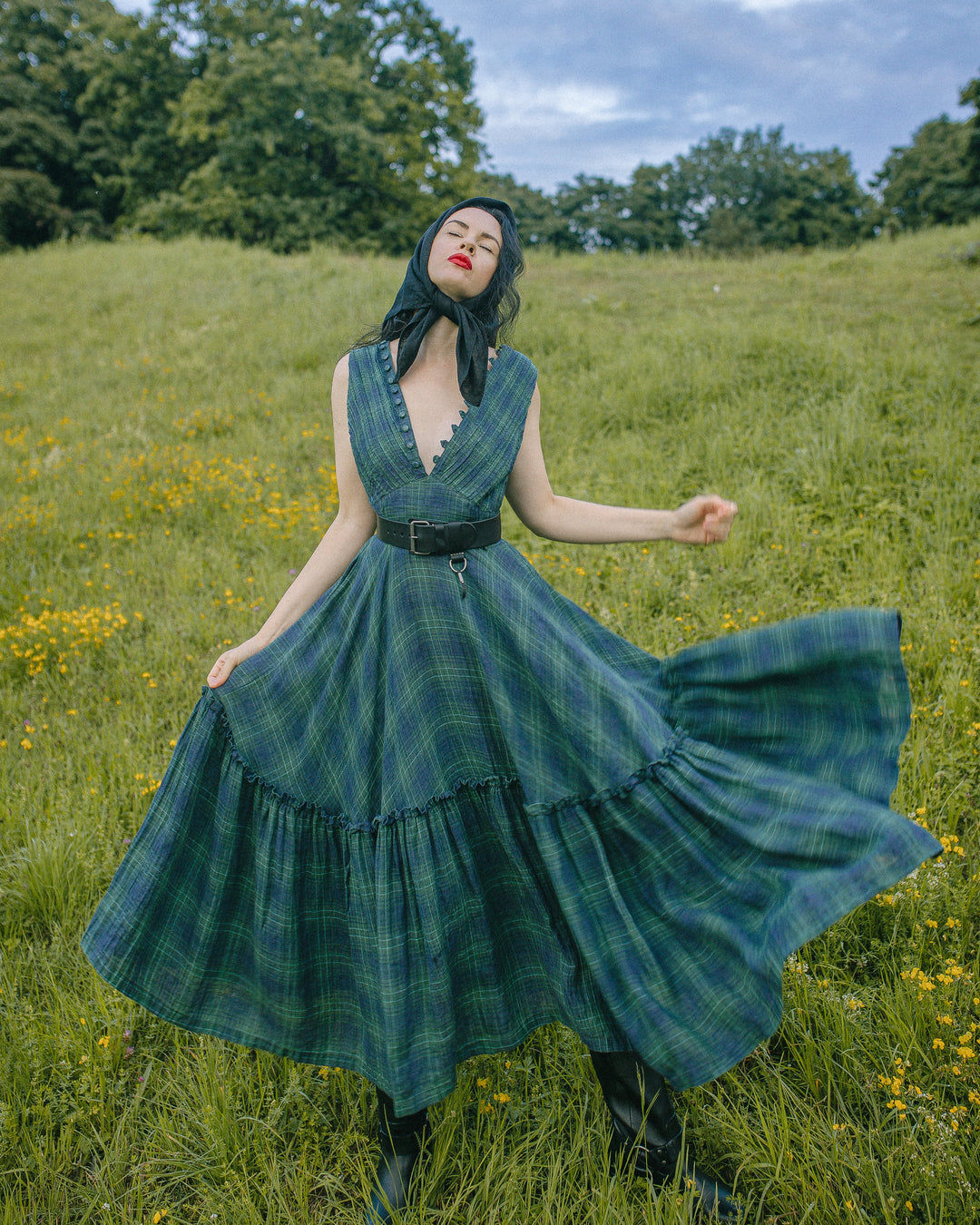 Moon River 24 | V-neck pintucked linen dress gown Teal / S Moon River 24 | V-neck pintucked linen dress gown Teal / S