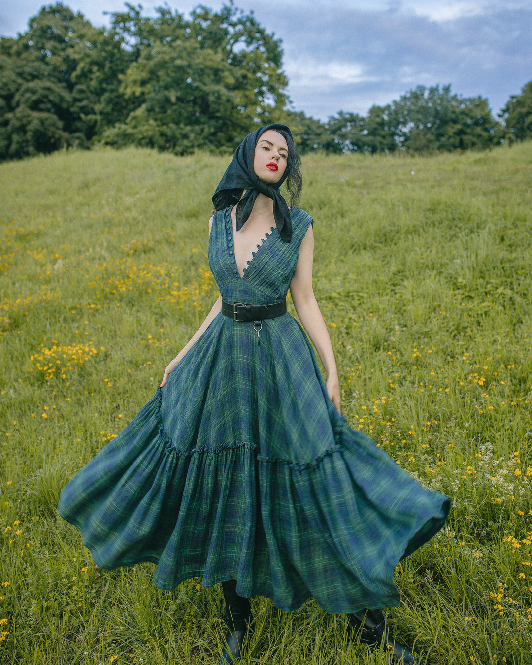 Moon River 24 | V-neck pintucked linen dress gown Teal / S Moon River 24 | V-neck pintucked linen dress gown Teal / S