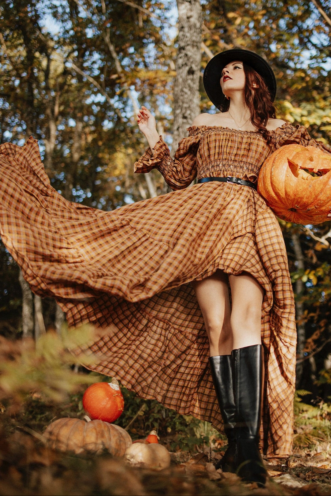 Cloud 21 | smocking embroidery linen dress Caramel plaid / 3XL Cloud 21 | smocking embroidery linen dress Caramel plaid / 3XL