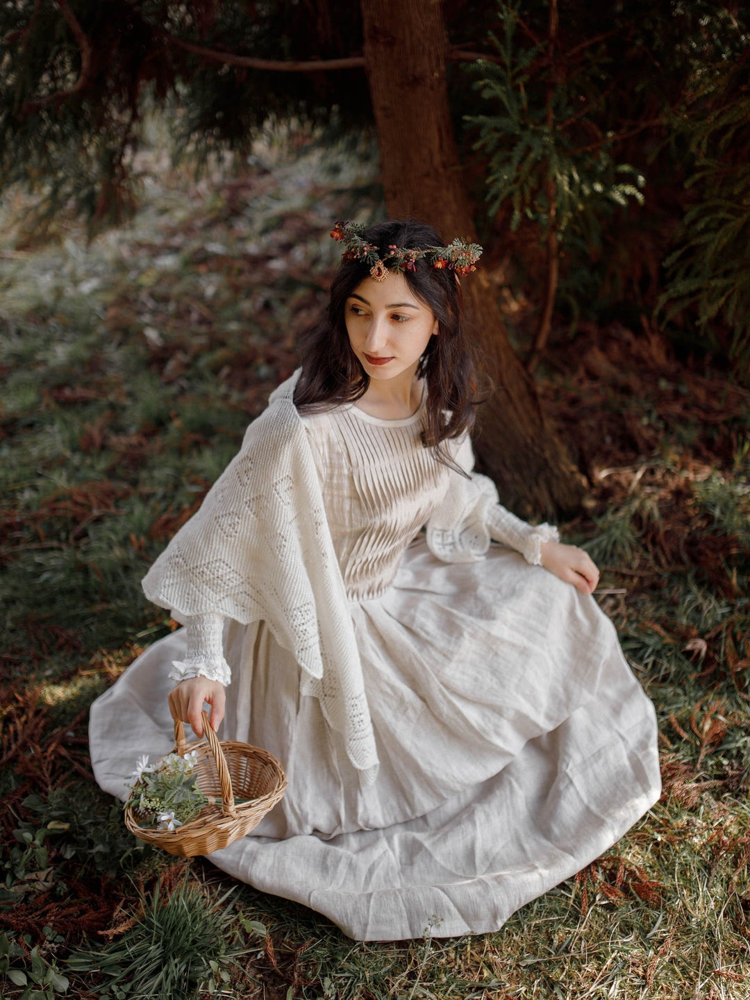 linen patchwork dress North Star - Long Sleeve Linen Patchwork Dress - Gathered and Tiered Dress