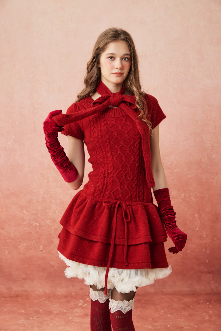 Lilypond 13 | 100% Wool Cable Knit Tiered Dress with scarf