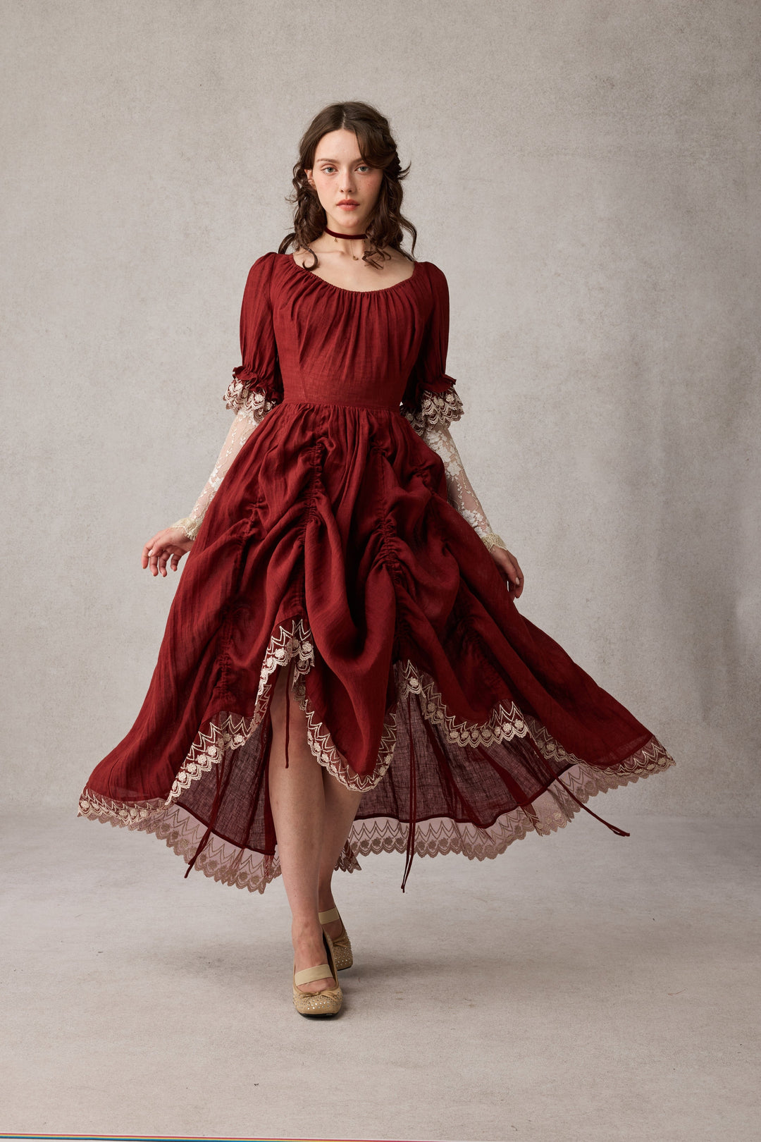 Elowen 27 | Lace Linen dress gown ( 2 way to wear ) Grapefruit red / L Elowen 27 | Lace Linen dress gown ( 2 way to wear ) Grapefruit red / L
