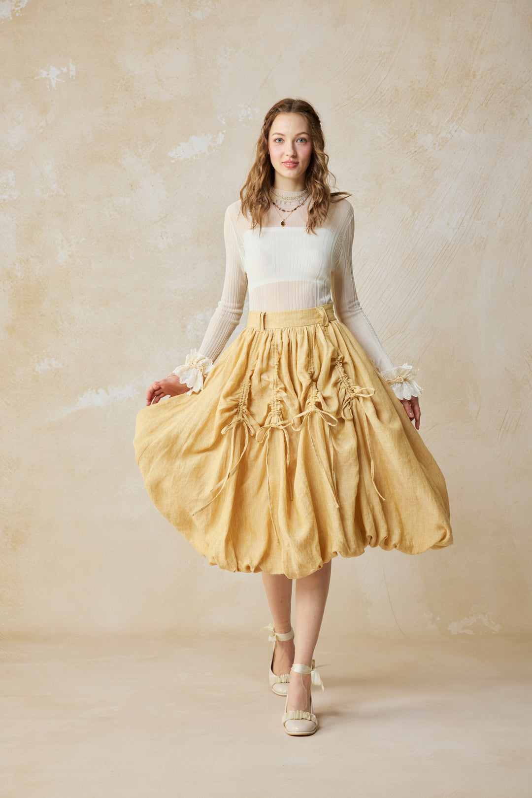 Camellia Bubble 22 | Drawstring Bubble Linen Skirt