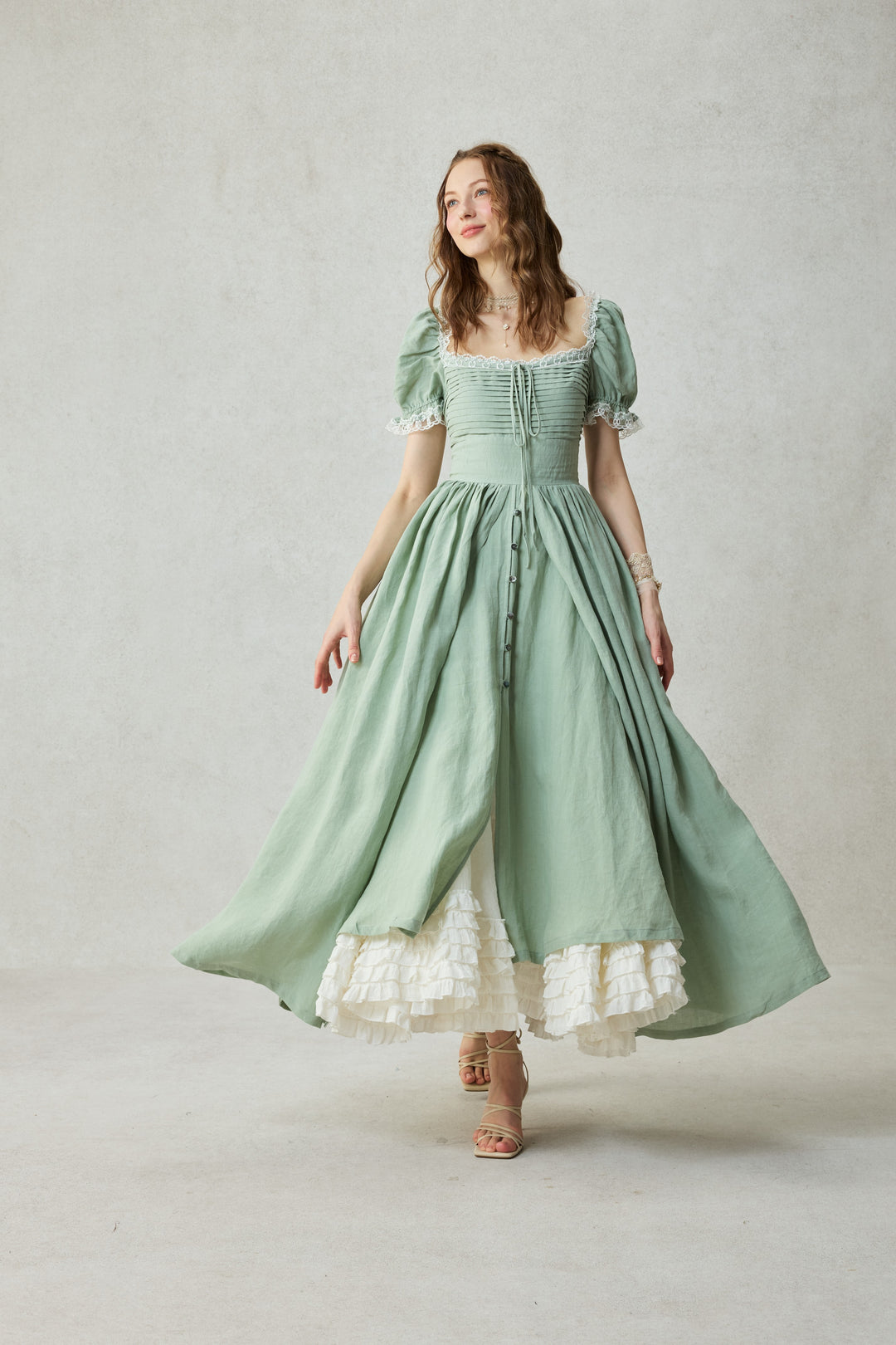 Monet Haze 26 | Fairy layered Linen Dress with pintucks Mint Green / XS Monet Haze 26 | Fairy layered Linen Dress with pintucks Mint Green / XS