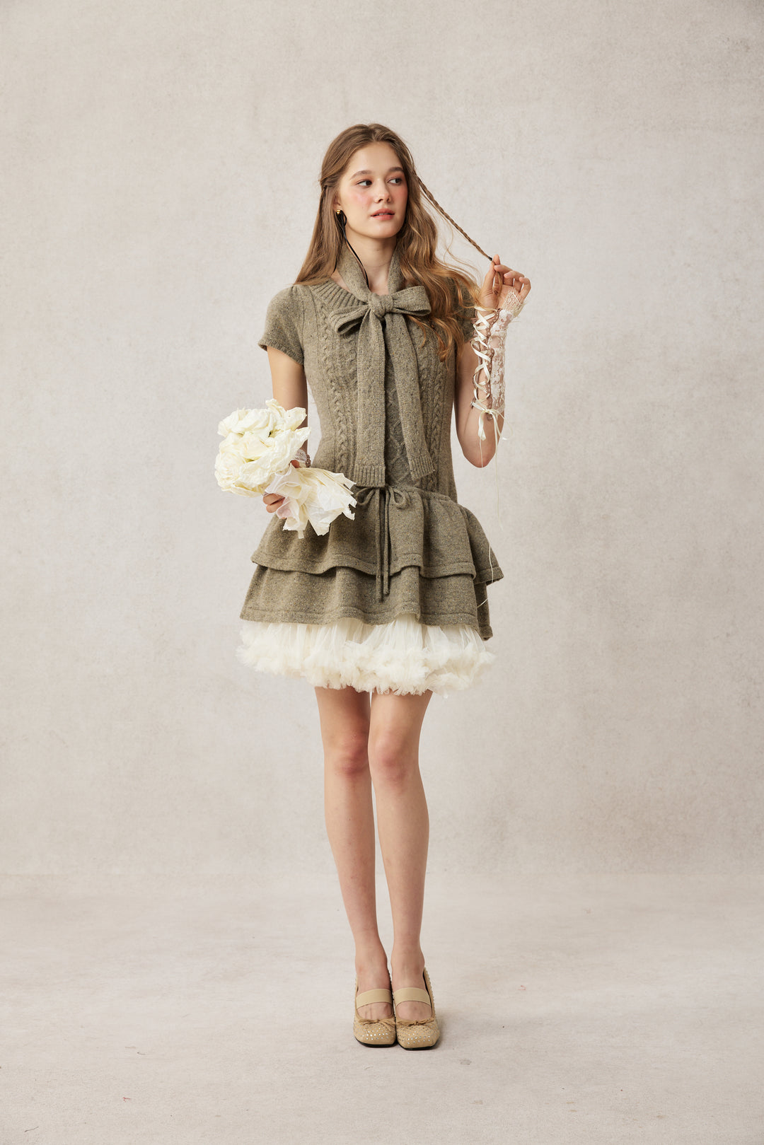 Lilypond 13 | 100% Wool Cable Knit Tiered Dress with scarf