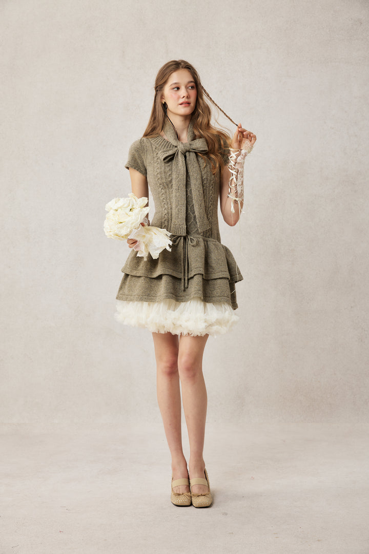 Lilypond 13 | 100% Wool Cable Knit Tiered Dress with scarf