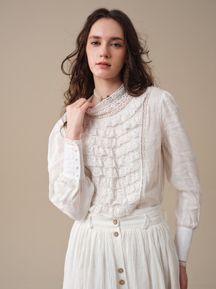 Stella 06 | Ruffled High-Neck Linen Blouse