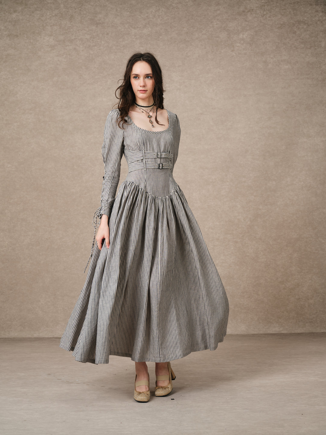 Clara 08 | Buckled Corset Striped Linen Dress