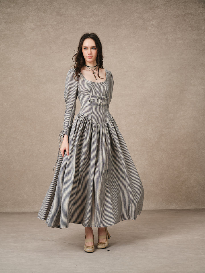 Clara 08 | Buckled Corset Striped Linen Dress