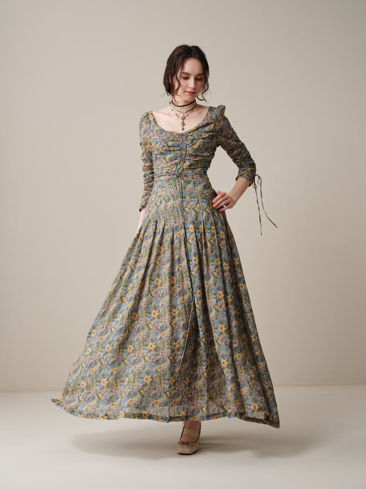 Emma 11 | Lace-Up Ruched Linen Maxi Dress
