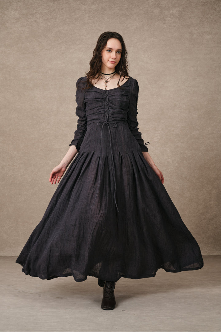 Emma 11 | Lace-Up Ruched Linen Maxi Dress