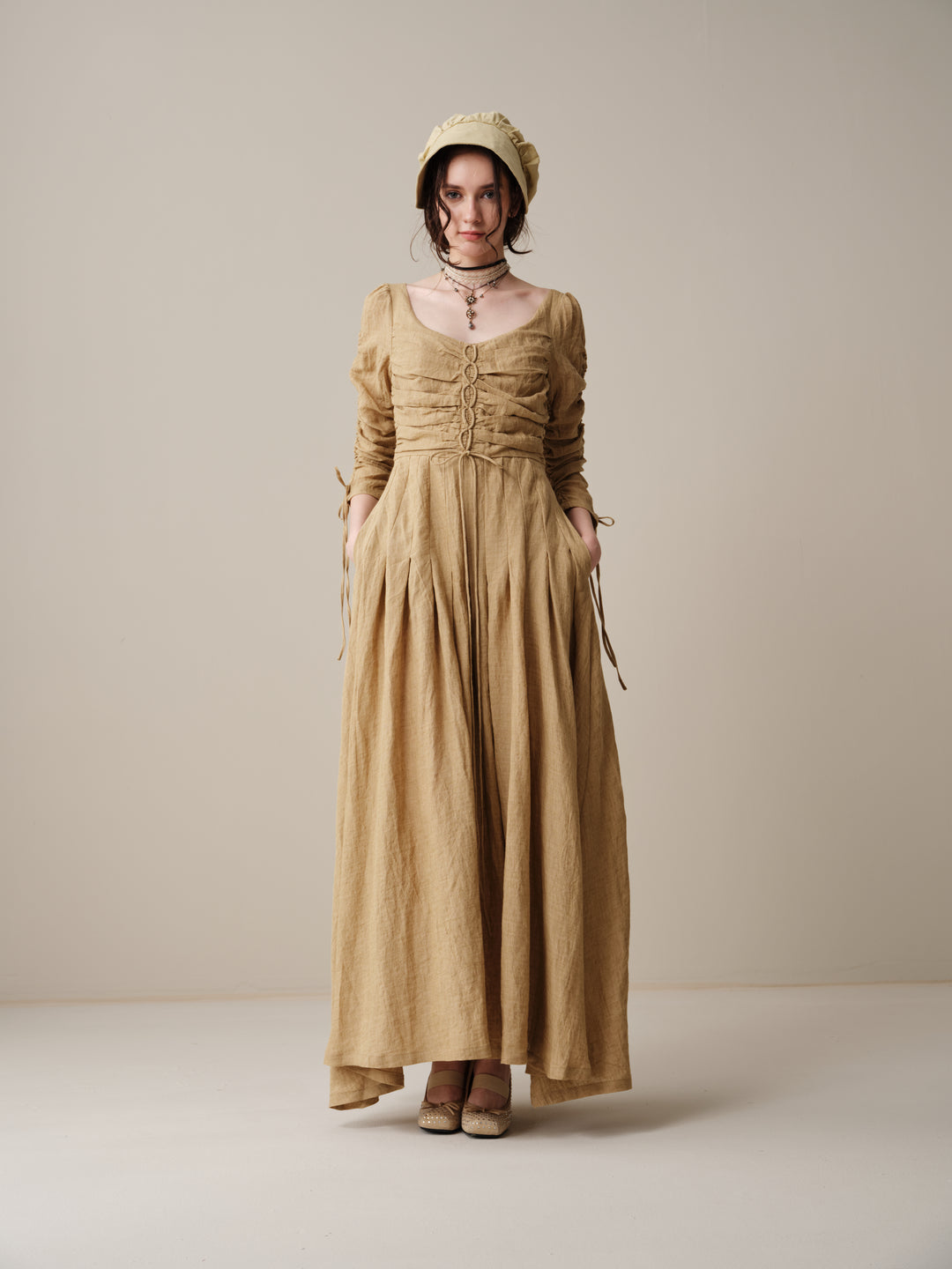 Emma 11 | Lace-Up Ruched Linen Maxi Dress