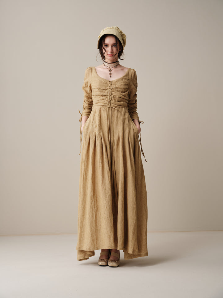 Emma 11 | Lace-Up Ruched Linen Maxi Dress