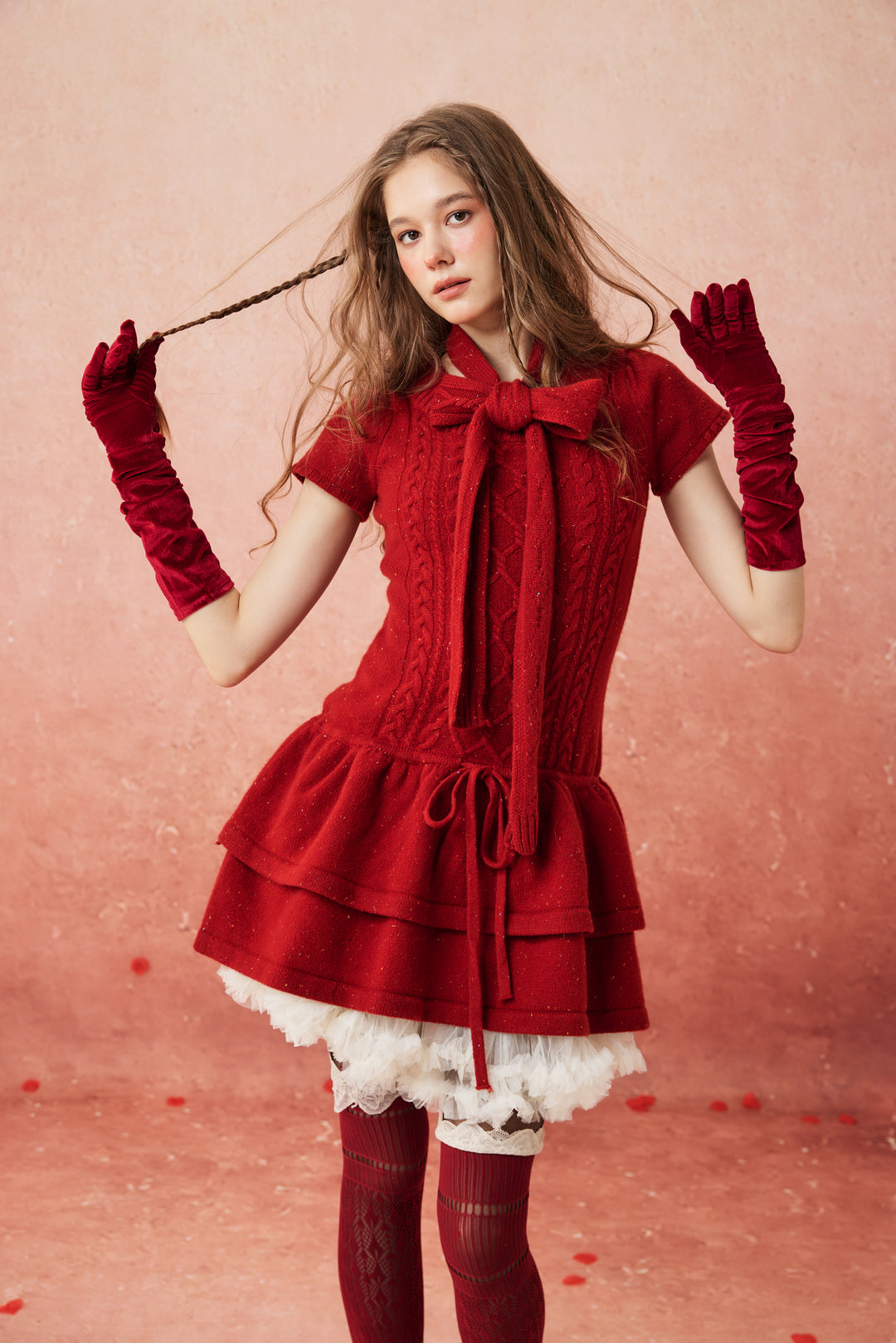 Lilypond 13 | 100% Wool Cable Knit Tiered Dress with scarf