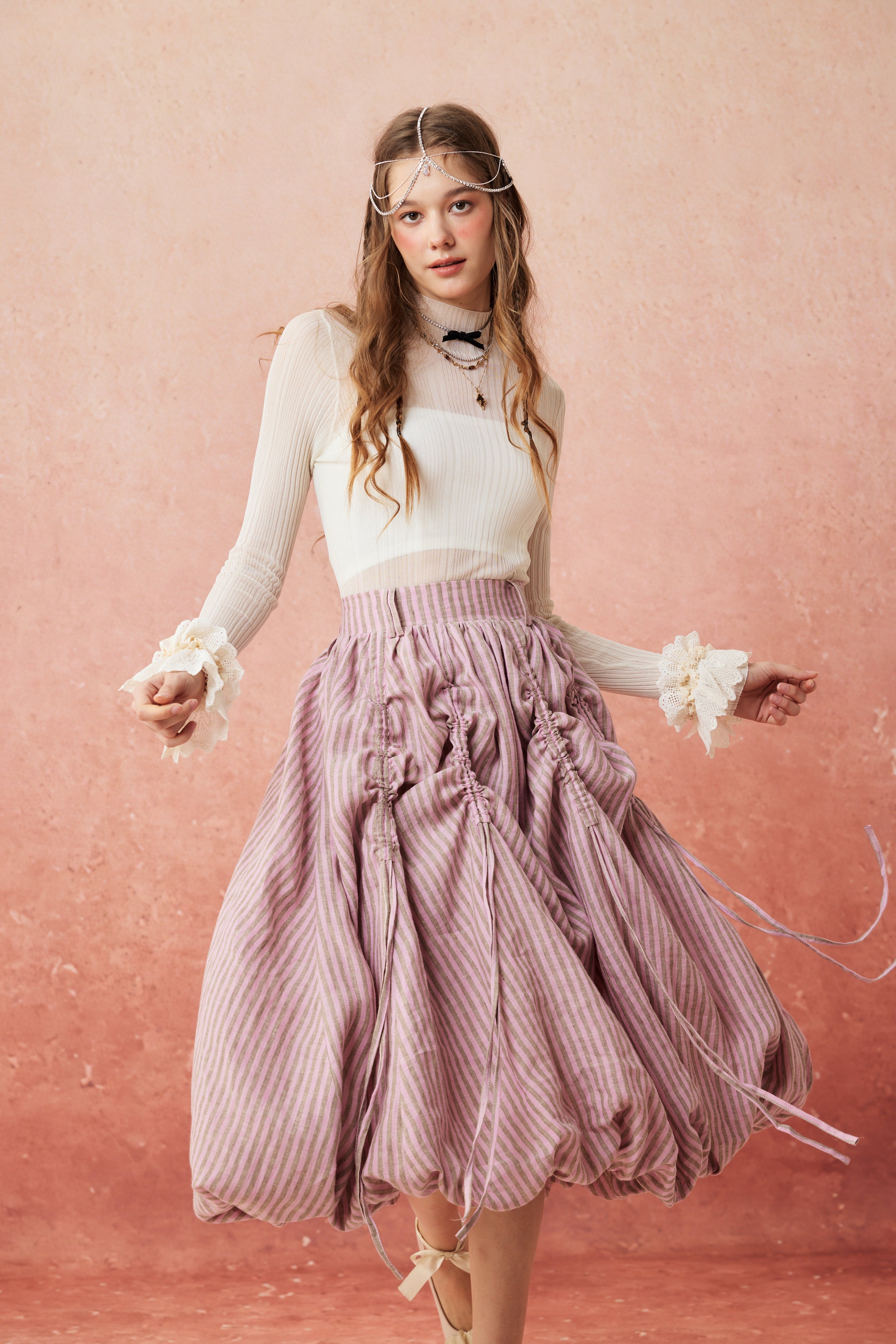 レア ミナペルホネン camellia スカート ピンク チュール フロッキー Camellia Bubble 22 | Drawstring Bubble Linen Skirt – Linennaive