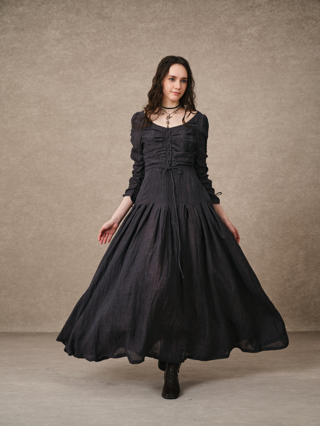 Emma 11 | Lace-Up Ruched Linen Maxi Dress