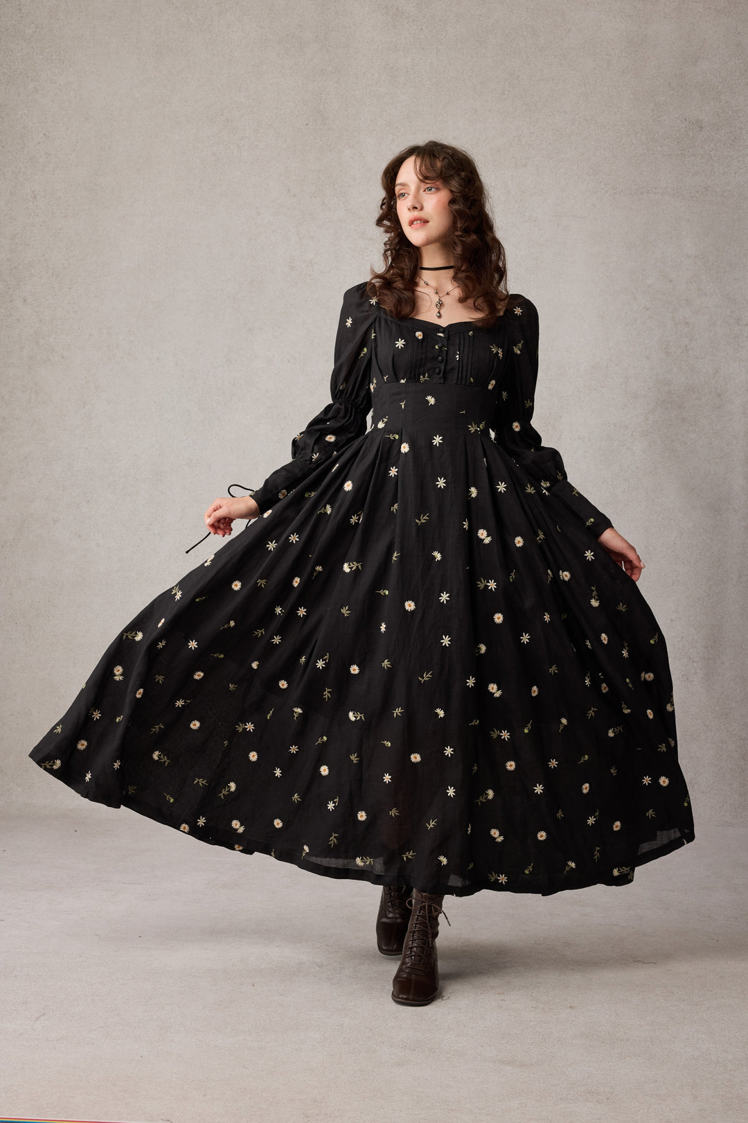 Phoenix 24 | Embroidery Daisy Linen Dress Black florals / S Phoenix 24 | Embroidery Daisy Linen Dress Black florals / S