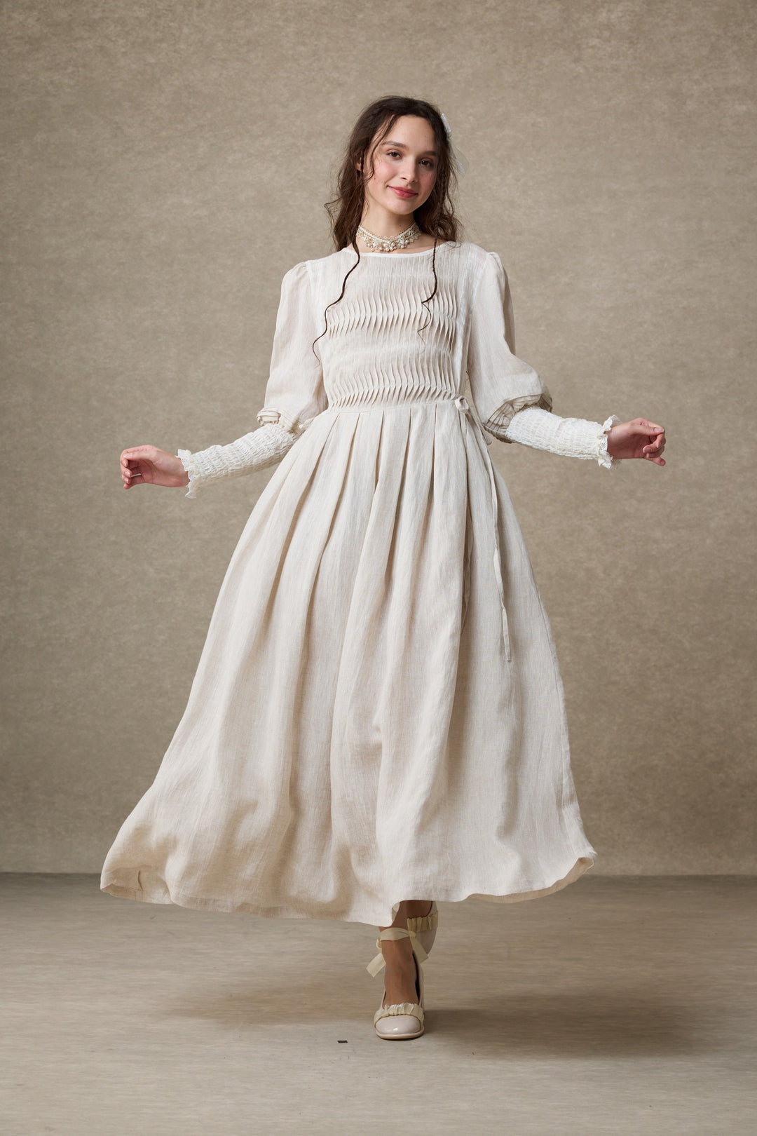 Eliana 15 | Pintucked Patchwork Linen Dress Off-White / XL Eliana 15 | Pintucked Patchwork Linen Dress Off-White / XL