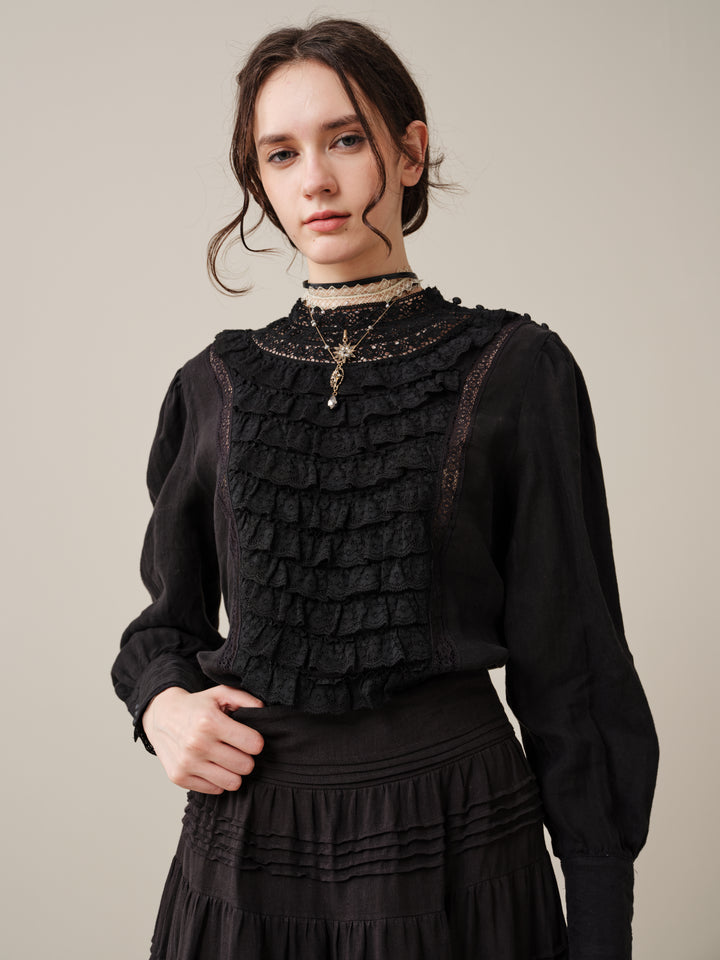 Stella 06 | Ruffled High-Neck Linen Blouse