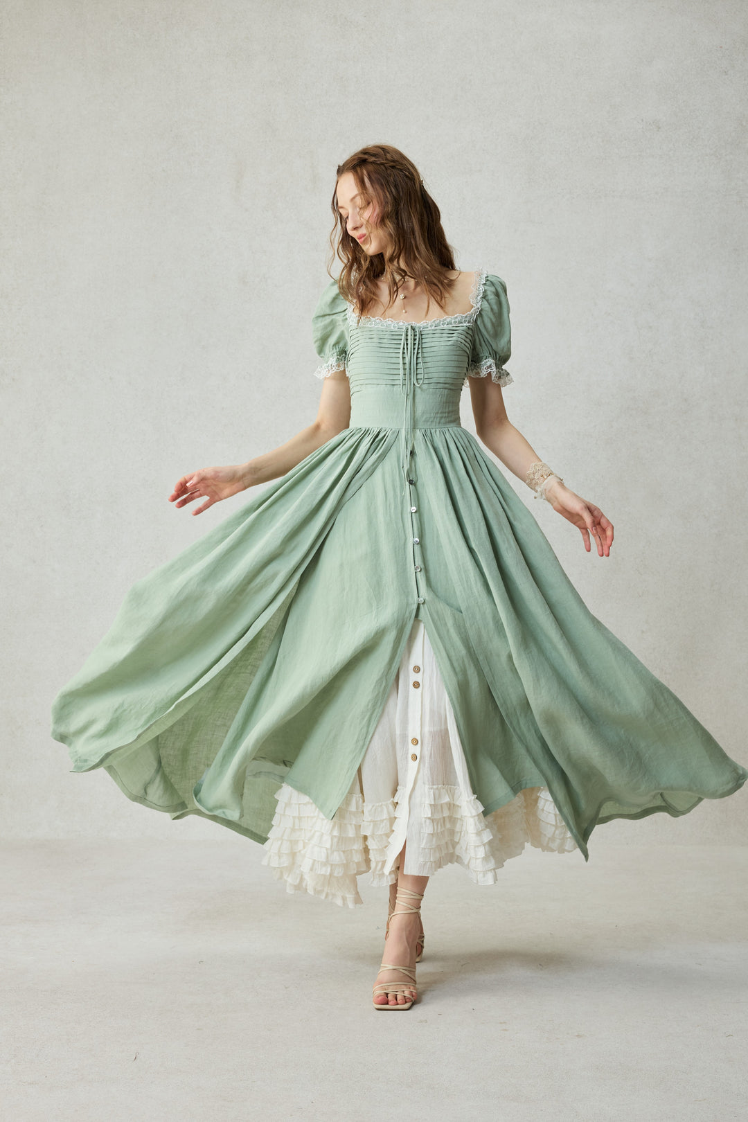Monet Haze 26 | Fairy layered Linen Dress with pintucks Mint Green / XS Monet Haze 26 | Fairy layered Linen Dress with pintucks Mint Green / XS