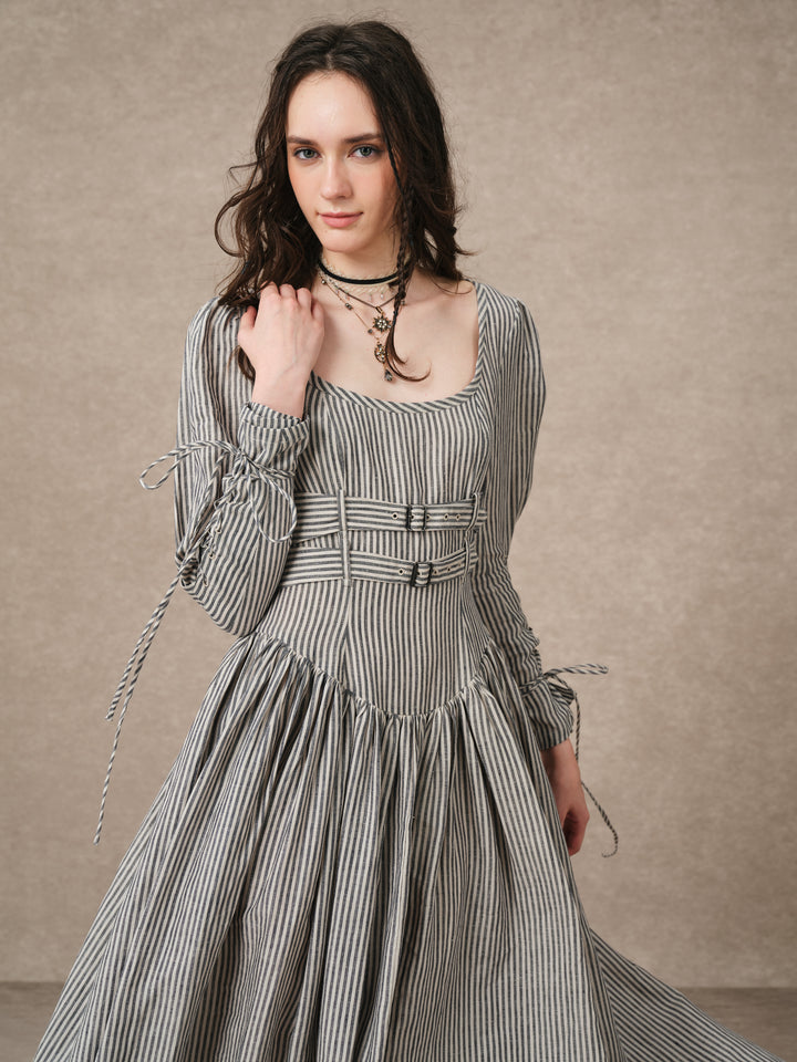 Clara 08 | Buckled Corset Striped Linen Dress