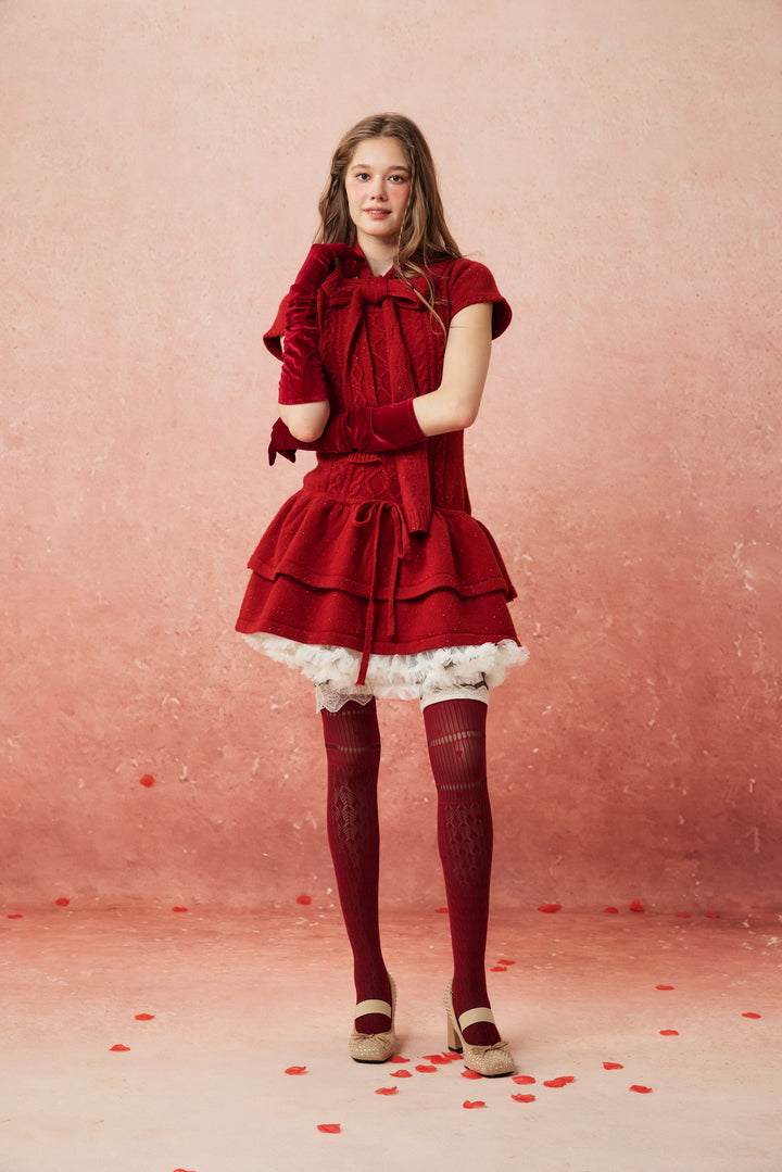 Lilypond 13 | 100% Wool Cable Knit Tiered Dress with scarf