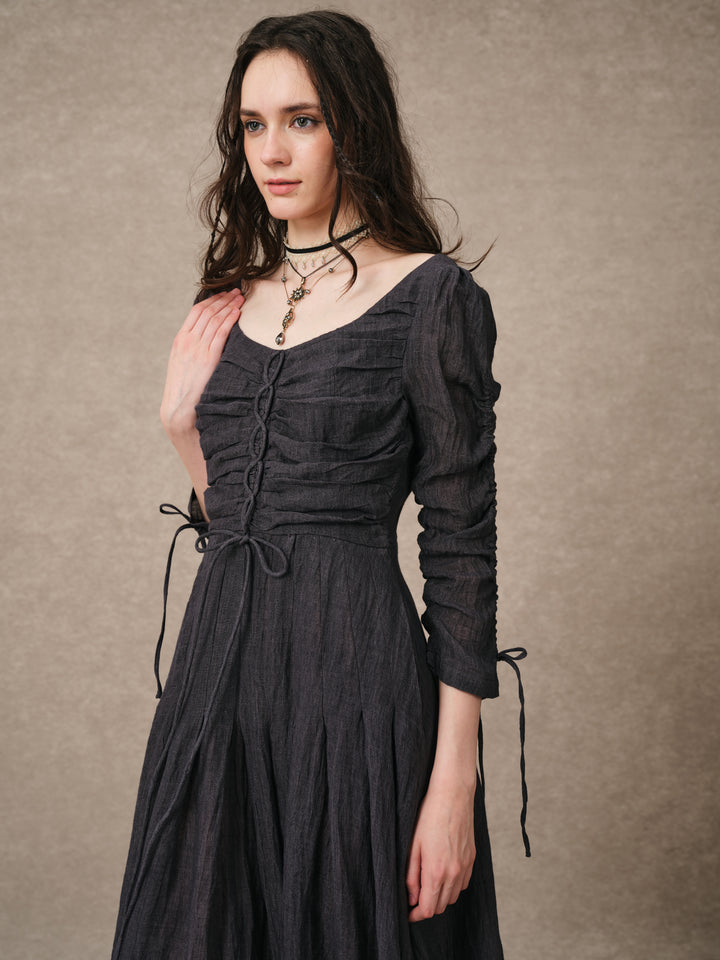 Emma 11 | Lace-Up Ruched Linen Maxi Dress