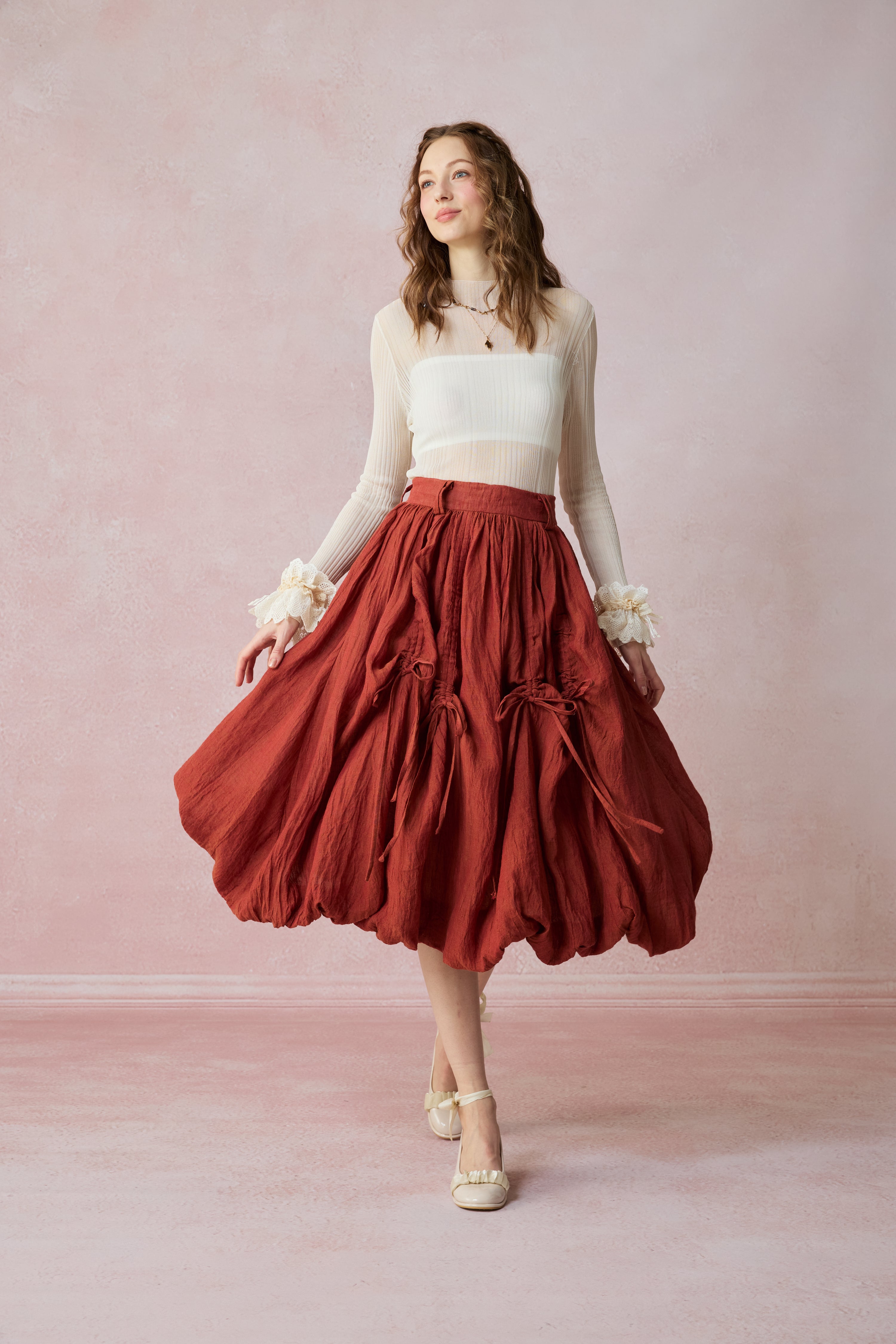 レア ミナペルホネン camellia スカート ピンク チュール フロッキー Camellia Bubble 22 | Drawstring Bubble Linen Skirt – Linennaive