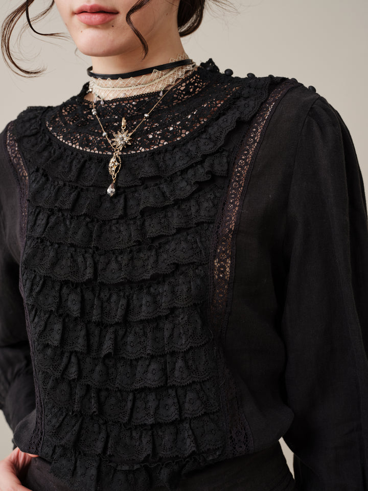 Stella 06 | Ruffled High-Neck Linen Blouse