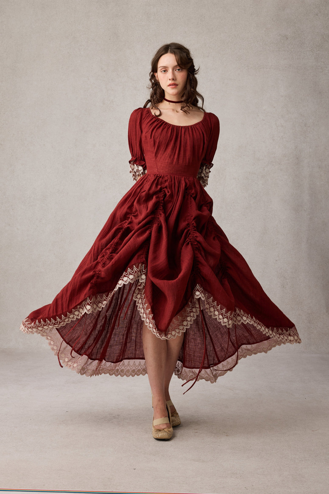 Elowen 27 | Lace Linen dress gown ( 2 way to wear ) Grapefruit red / XS Elowen 27 | Lace Linen dress gown ( 2 way to wear ) Grapefruit red / XS