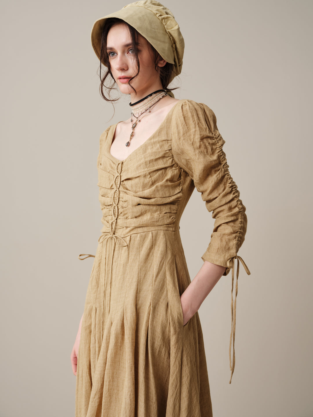 Emma 11 | Lace-Up Ruched Linen Maxi Dress