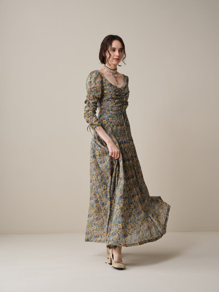 Emma 11 | Lace-Up Ruched Linen Maxi Dress
