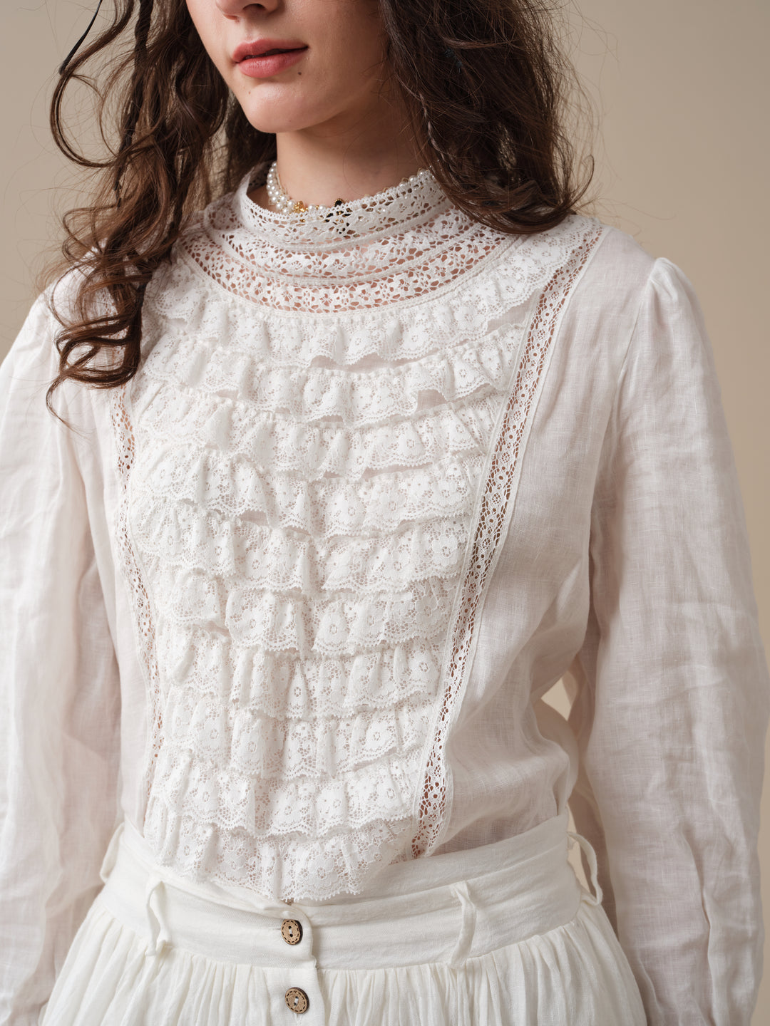 Stella 06 | Ruffled High-Neck Linen Blouse