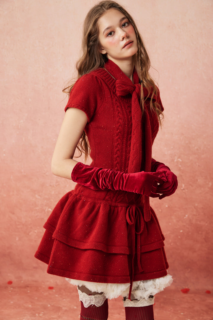 Lilypond 13 | 100% Wool Cable Knit Tiered Dress with scarf