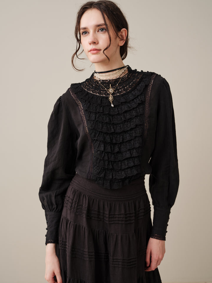 Stella 06 | Ruffled High-Neck Linen Blouse