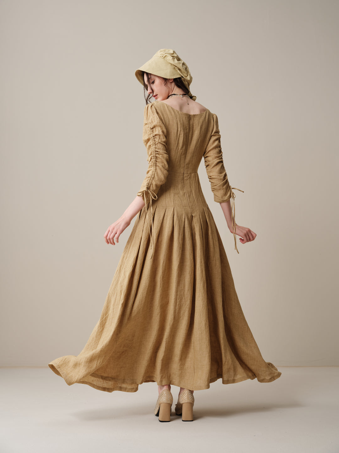 Emma 11 | Lace-Up Ruched Linen Maxi Dress