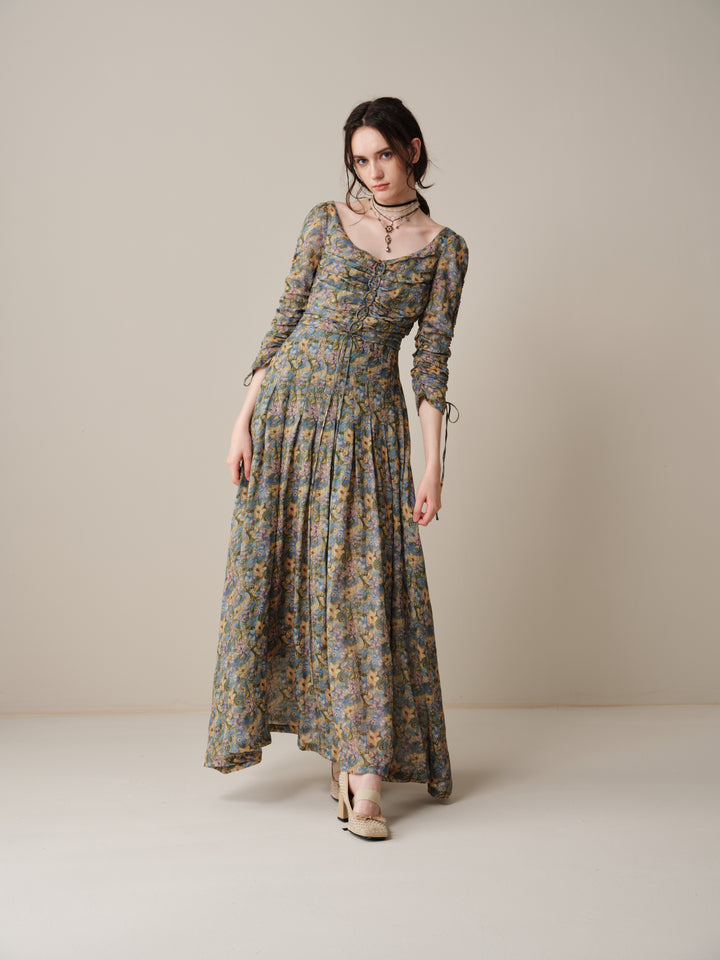 Emma 11 | Lace-Up Ruched Linen Maxi Dress