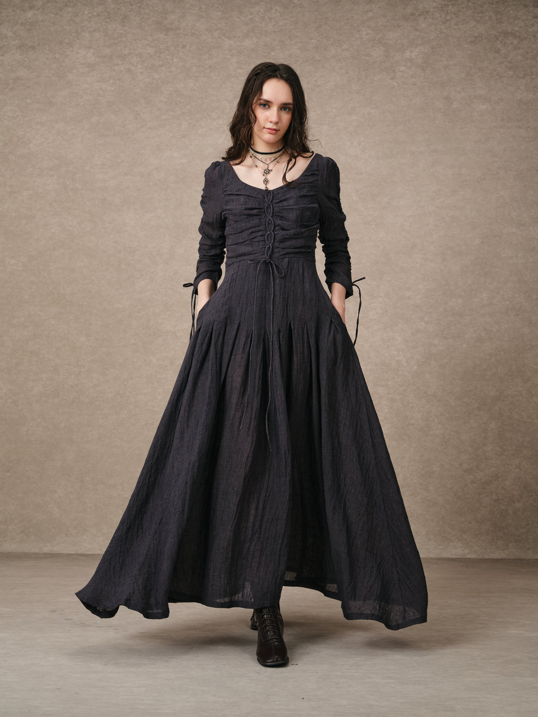 Emma 11 | Lace-Up Ruched Linen Maxi Dress