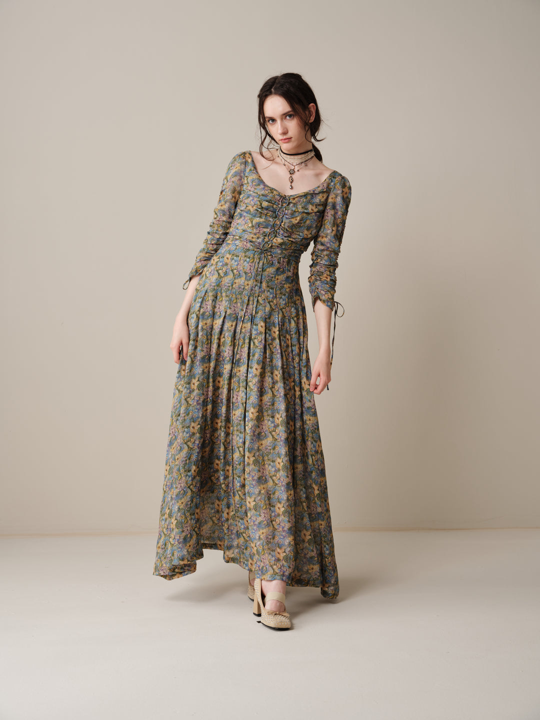 Emma 11 | Lace-Up Ruched Linen Maxi Dress