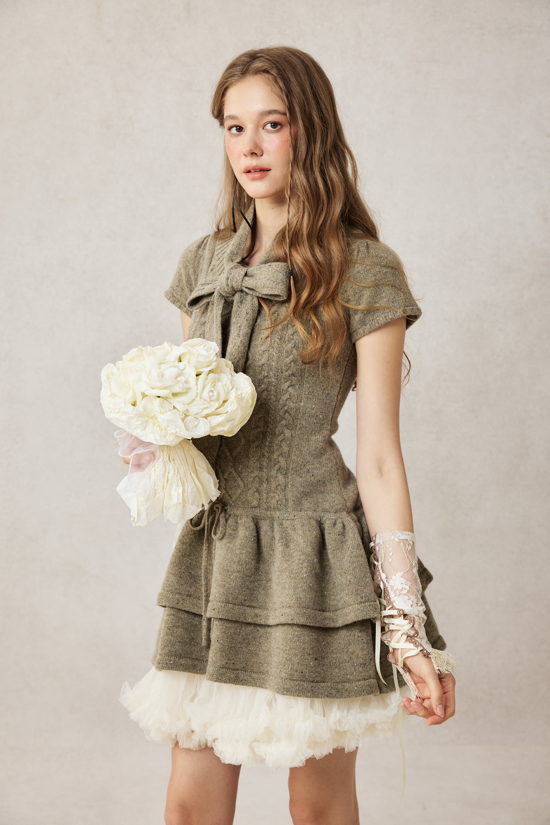 Lilypond 13 | 100% Wool Cable Knit Tiered Dress with scarf
